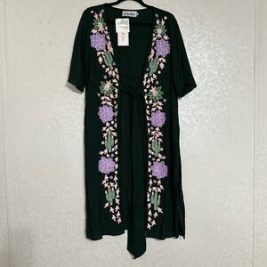 Pink & Silver Kimono Duster Jacket Green Cactus Flower Embroidered Tie Waist S M